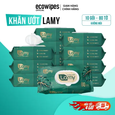 Thùng 10 gói khăn ướt Lamy 80 tờ không mùi không cồn không paraben cao cấp an toàn cho trẻ sơ sinh