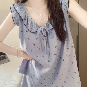 Sweet Bow Sleeveless Shorts Pajamas Women Girls Summer New Style Pijama with Chest Pad Cute Sleepwear Two Piece Home Outfit Set Worn Outside