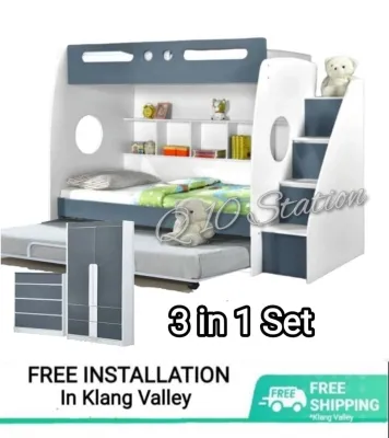 Q 10 - Children Bedroom Set / Children Bed Set / Kids Bed / Kids Double Decker Bed / Kids Bunk Bed / Wardrobe / Chest Of Drawers / Children Bedroom Set / Unisex Cartoon Single Double Decker Bunk Bed (TBR)
