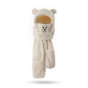 Cute Fleece Bear Ear 4in1 Scarf Hat Mitten Mask Suit Soft Winter Hat Thicken Warmer Supplies for Women Teens Winter