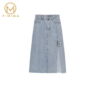F·MIGA C123 Korean High Waist A-Line 3/4 Denim Rok Jeans Midi Wanita - Biru Tua
