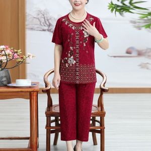 【Set】Woman Suit Floral Printed Short-sleeved Wide-leg Pants Two-piece Suit For Elderly Woman L6020