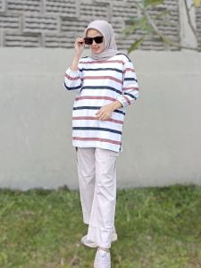 Lengan Kerut Terlaris Oversize Stripe Basic Tshirt / Kaos Jumbo Katun Premium LD 120