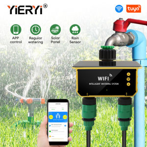 Yieryi Automatic Solar Irrigation Timer WiFi Water Timer with 2 Outlets Automatic Watering System for Garden Yard Plants and Vegetables