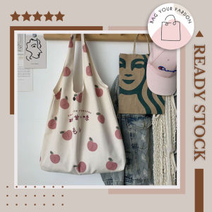 Cute Printed Peach Tote Bag Canvas Bag College Student Women Tuition Shopping Beg Wanita Pelajar Perempuan单肩手提百搭帆布包
