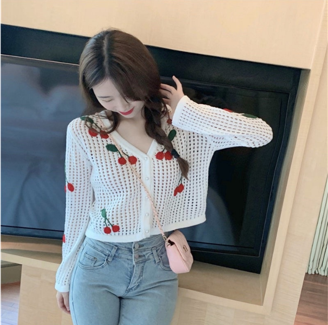 Long Sleeve Crop Cardigan Cute Cherry Hollow Loose Tops Korean Style Knitted Cardigan