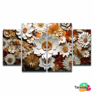 TENNESY Hiasan Dinding Aesthetic 1 Set Bunga 3D Brown Gold Paper Art 4 Panel Wall Decor Rumah