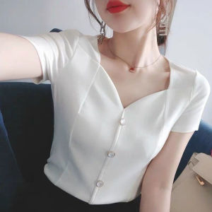Chiffon Shirt Womens Summer New Korean Style Loose Chiffon Shirt Womens V-neck Short Sleeve Blouse Shirt