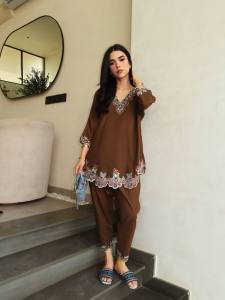[PRE ORDER:- 10 DAYS] Designer Embroidered French Crape Co-Ord Set for Women | Embroidery Work Top and Palazzo Pant Set | Stylish Kurti Palazzo Outfit (Size:-M to 2XL) (511)