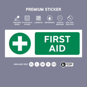 First Aid Kit. Peti Pertolongan Kecemasan. 急救箱. Sticker Sign Label. BM English Chinese Mandarin Three Languages.
