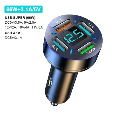 DC12V-24V Car Charger Fast Charging 66W QC3.0+PD Car Phone Charger 4 USB Port Plug Smart Fast Charging with Voltmeter