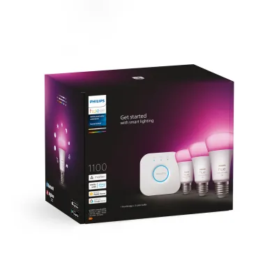 Philips Hue ชุดเริ่มต้นสุดคุ้ม หลอดไฟอัจฉริยะ16ล้านเฉดสี 3หลอด ใหม่ 9.5W 1055Lumen ขั้ว E27 ฟรี Hue Bridge