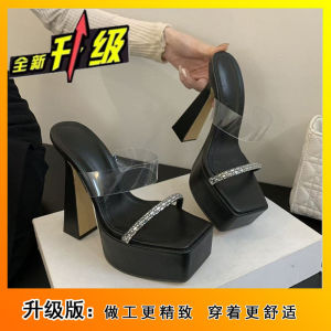 [Free Shipping] 13CM Elegant High-Heeled Sandals With A Platform Sole Featuring A Thick Heel Transparent Rhinestone Embellishments And A Single-Strap Design Perfect For Summer