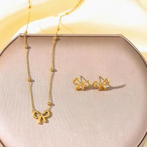 3PCS Bow Butterfly Pendant Stainless Steel Fashion Necklace Earrings Bracelet Set For Women Jewelry