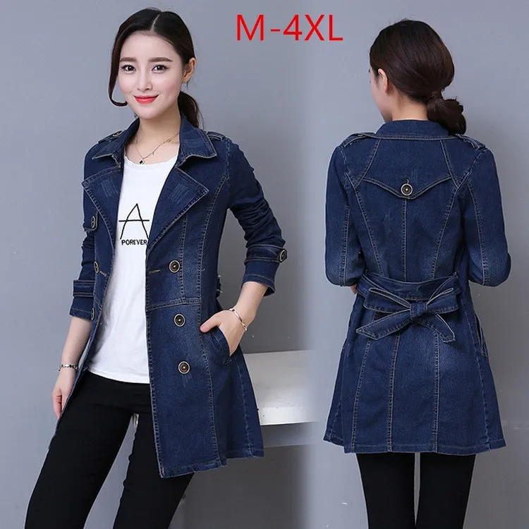 Plus Size M-4XL Women Long Denim Jacket Fashion Casual Spring Autumn Slim  Windbreaker Jean Coat Blue