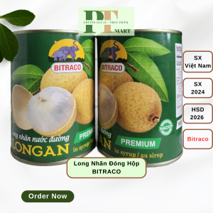 HSD.2026 Nhãn lồng ngâm nước đường đóng hộp Bitraco 565gr. Topping trà sữa trà trái cây chè nhãn kem