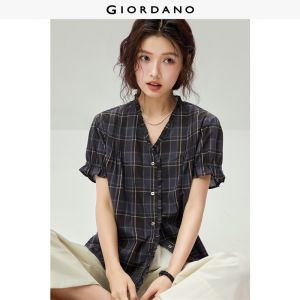 Giordano Women Vintage plaid ruffle trim v-neck blouse Free Shipping 18346223