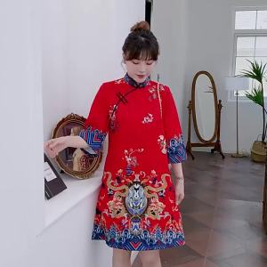 Joso Plus Size Womens Dresses Red and Blue Loose Fashion Modern Chinese Cheongsam Medium Length Dresses Womens 3/4 Sleeve Cheongsam Womens ClothingA99