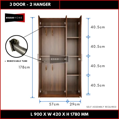 [178CM] EsseHome 3 Door Wardrobe Cabinet Cupboard Storage Almari Baju
