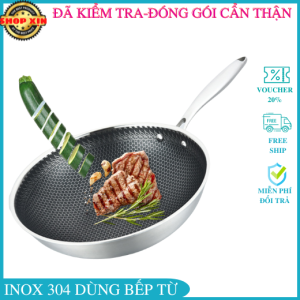 Chảo chống dính vân đá tổ ong inox 304 siêu chống dính 32cm dùng được bếp từ tay cầm cách nhiệt cao cấp
