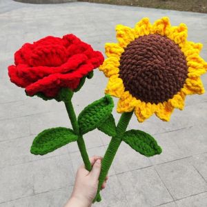 OURTOUR Large Knitted Simulated Roses Artificial Handmade Crochet Sunflower Flowers Woolen Handcrafted Large Bouquets Gifts