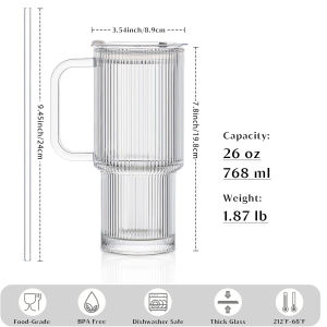 26oz Ribbed Glass Tumbler with Handle & Lid – 1-Pack Large Iced Coffee Cups with Straws Modern Glass Mug for Cold & Hot Beverages Aesthetic Travel Cup for Smoothies Tea and Juice