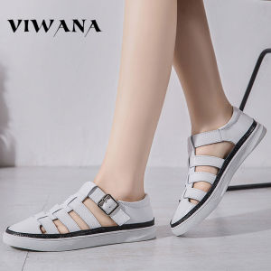 VIWANA Flat Sandals For Women Plus Size 42 Korean Style Soft Sole Leather Beach Sandals Ladies Open Toe Casual Shoes White Flats Women Shoes