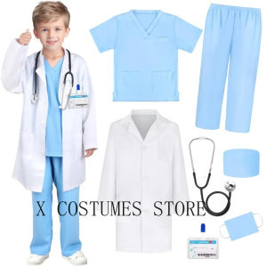 Kids Doctor Cosplay Nurse Costume Nurse Suit Doctors V Neck Surgical Suit Boys Girls Halloween Party Epidemic Role Clothing