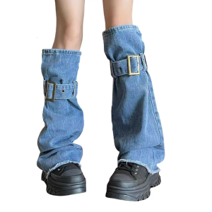 Distressed Jeans Leg Sleeves with Buckled Straps for Women Harajuku Punk Grunge Washed Denims Leg Warmers Flared Socks