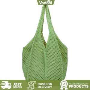 [VSC] Women Crochet Tote Bag for Fashion Knitted Bag Large Capacity Hollow Out Tote Bag Solid Color Simple Shopping Bag for Beach