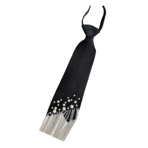 Zipper Closure Black Necktie With Imitation Pearls Decoration Soft Tassels Trim Office Party Wear Fashion Accessory