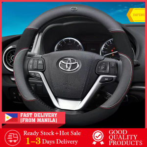 Toyota Leather Car Steering Wheel Cover (Black) Logo Accessories 38cm Fits All Toyota Models for Alphard Avanza Camry Corolla CHR Prius Altis Estima Harrier Hilux Vigo Innova Vellfire Vios Prado Yaris Fortuner Land Cruiser