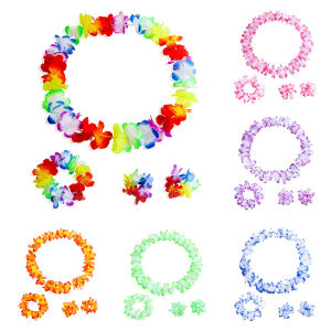 pamelaea 4Pcs set Hawaiian Artificial Flowers Leis Necklace Garland Headband Wedding Birthday Beach Tropical Party Decoration