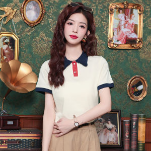 Ammin Áo thun cotton khâu cổ áo polo màu dệt kim thanh lịch 2024 đơn giản Mới Mùa Hè Áo Blouse thanh lịch ngắn tay thường ngày phong cách hàn quốc nữ