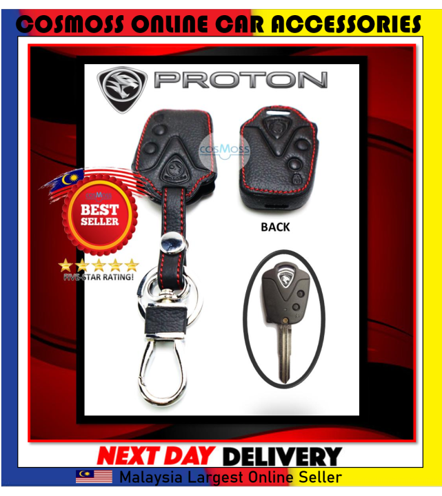 PROTON SAGA BLM/FLX Key Start Remote Leather Car Key Cover Case (Black-RedLine) Proton-1