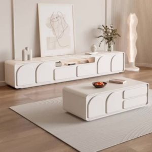 Trending Minimalist TV Cabinet Set French Cream Floor-Standing Unit + Coffee Table for Small Apartments