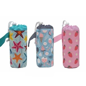 NOBLELUX 600D Oxford Fabric Insulated Water Bottle Bag Strawberry Printed Waterproof Portable Cup Holder Pouch Portable Thickened Anti-Scald Bottle Sleeve for Daily Travel Cycling