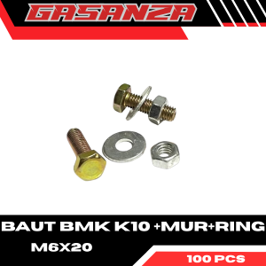 100 SET - Baut 10 Panjang 20mm/ Baut Hexagon M6x20 + Mur + Ring Plat