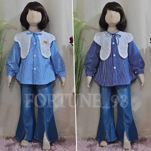 Stelan jins anak perempuan import korean style motif salur celana jins cutbray usia 3 - 12 tahun set anak tanggung jumbo oversize model kekinian set salur anak perempuan viral set kuromi anak perempuan - COD