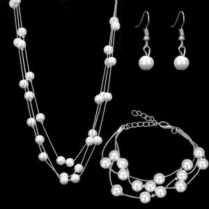 REEBO Pearl Beaded Wedding Bracelet Multilayer Jewelry Sets Pearl Necklace Bridal Set Necklace Earrings Sets