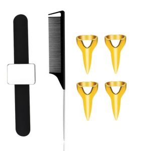PTK52 6pcs/set แหวนปลายนิ้ว วงแหวนพรากจากกัน โลหะสำหรับตกแต่ง เครื่องมือเลือกผม หวีหางยาว แหวนปลายนิ้ว เครื่องม้วนผม สายรัดข้อมือสร้อยข้อมือแม่เหล็ก ซาลอนซาลอน
