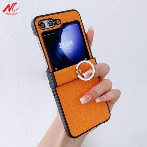 Z Flip 6 Case Fashion Lichee Pattern PU Leather Ring Holder Case for Samsung Galaxy Z Flip 6 5 4 3 ZFlip 6 Flip6 Hinge Cover