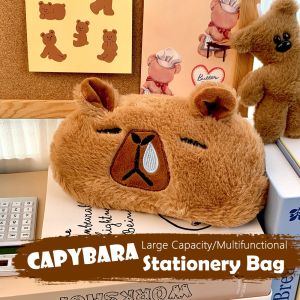 PLLEWY Capybara Pen Bag Large Capacity Plush Pencil Case Cute Multifunctional Stationery Bag Student