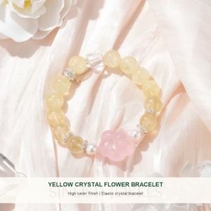 SINLISH Natural Yellow Crystal Bracelet with Pink Flower Charm Elegant Womens Jewelry Gift & Blessing Crystal