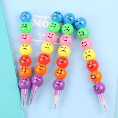 (3 pcs) Pensil Tulis - Pensil Warna Susun Rainbow – 7 Warna dalam 1 Set Motif Emoji Lucu