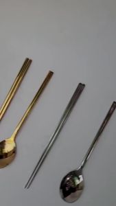 Đũa + Muỗng inox ăn MÀU BẠC cơm kiểu Hàn Quốc phù hợp cho bộ đồ bàn ăn cá nhân tiện lợi
