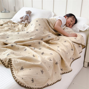 【Super low price】100% Cotton Double Muslin Blanket for Summer Soft Lightweight Throw Blanket for Sofa Bed Bow Print Breathable Kids Nap Blanket