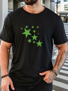 Mens Green Star Pattern Summer Casual Crew Neck Short T-Shirt