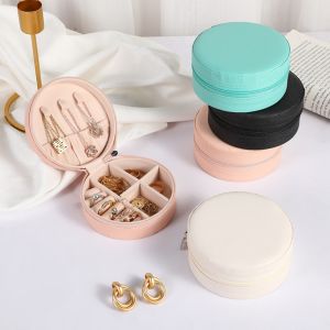 MENGLIANG Pu Leather Round Jewelry Box Necklaces Earrings Rings Jewelry Organizer Jewelry Case Boxes Portable Zipper Storage Box Travel