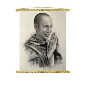 Tranh Liễn Thầy Thích Minh Tuệ mẫu đứng chất liệu vải canvas